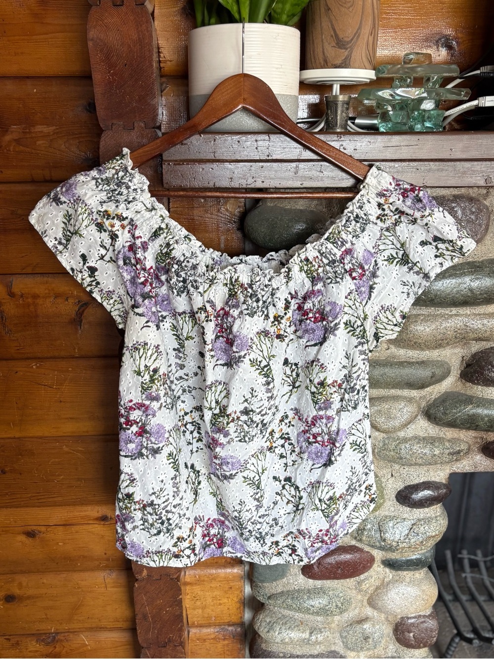 Violeta by Mango Floral Eyelet Off Shoulder Blouse White Purple M